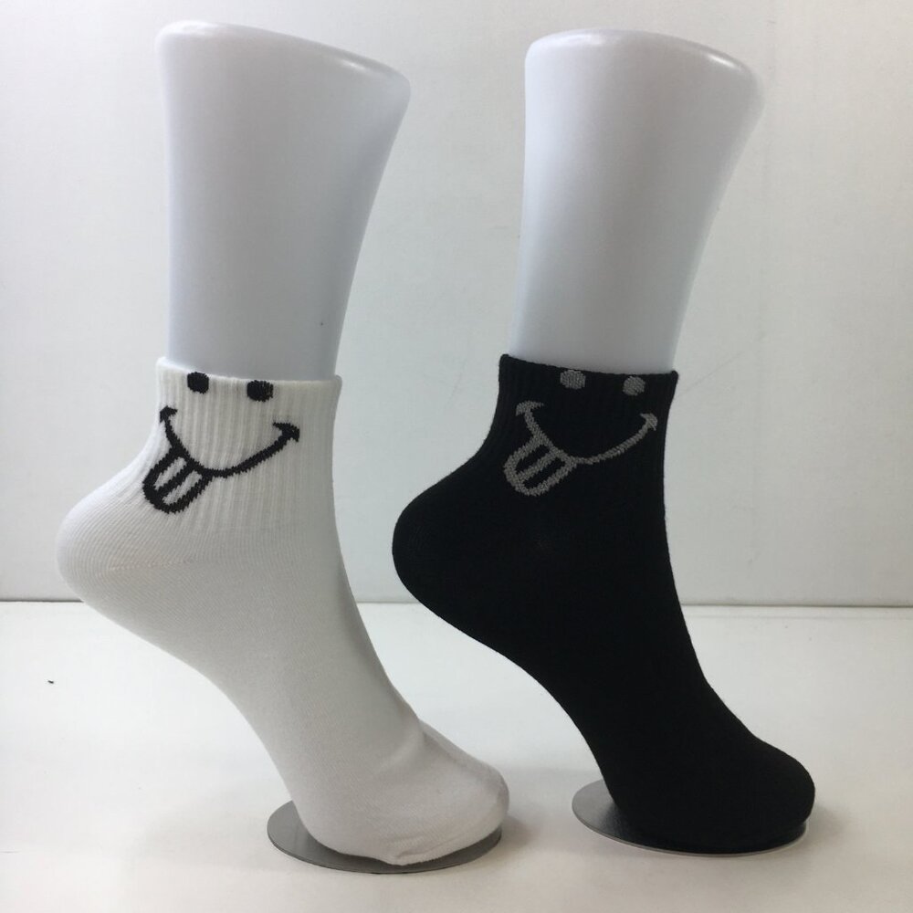 Womens Crew Socks Set 2 Tongue Out Smiley Face Design Solid White Black Gray